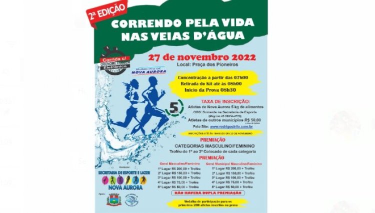 Secretaria de Esporte de Nova Aurora lança 2º Edição da Corrida Correndo pela vida nas veias dágua