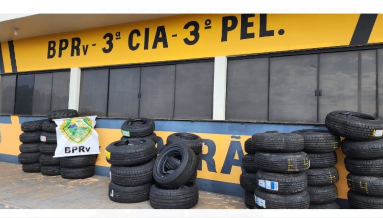 Polícia Rodoviária apreende 200 pneus contrabandeados do Paraguai nesta manhã na região Oeste