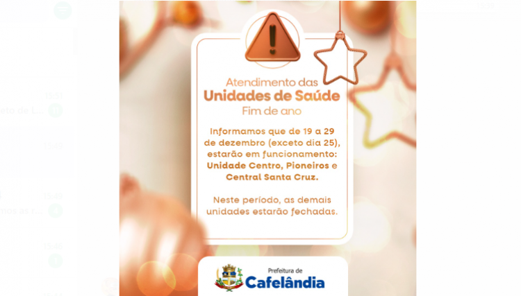 Confira o cronograma de atendimento das Unidades de Saúde de Cafelândia