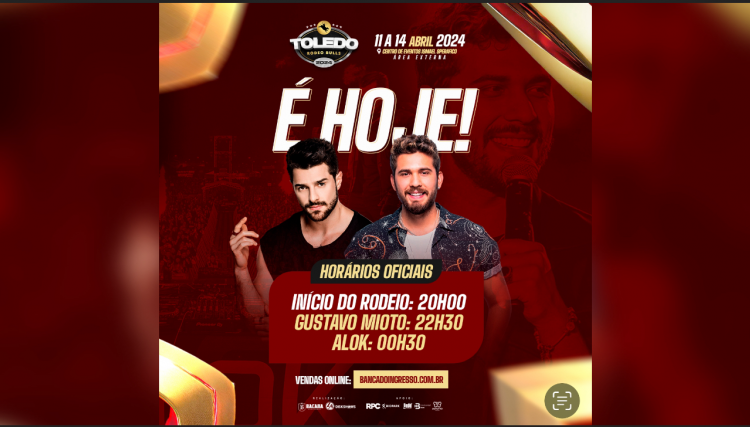 É HOJE!- Rodeio e show ALOK e GUSTAVO MIOTO marcam 3° dia do TOLEDO RODEO BULLS, CONFIRA OS HORARIOS: