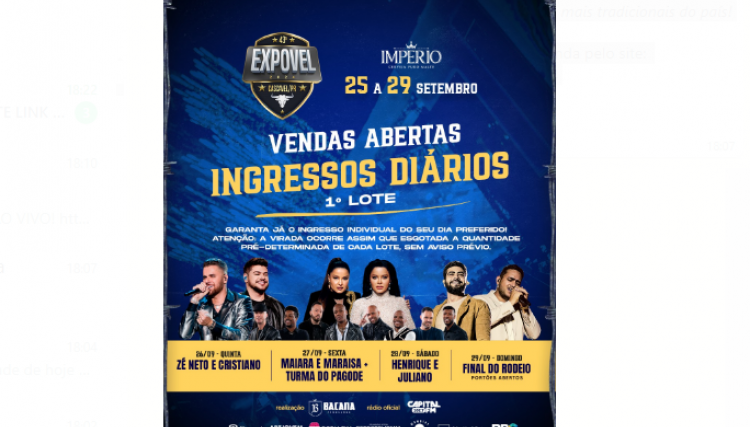 VENDA DE INGRESSOS INDIVIDUAIS DISPONÍVEIS - (EXPOVEL 2024) 