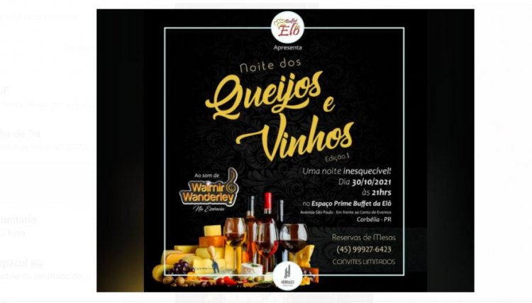 Vem ai a 1ª Edição da noite de Queijos e vinhos em Corbélia