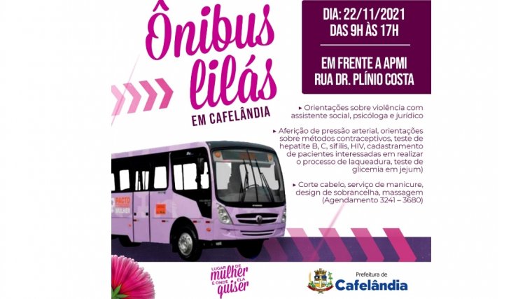 Cafelândia recebe Ônibus Lilás na próxima segunda-feira (22)  para orientações sobre os direitos das mulheres