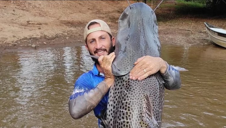 Homem pega peixe com 1,75 m de comprimento e  mais de 60 kg