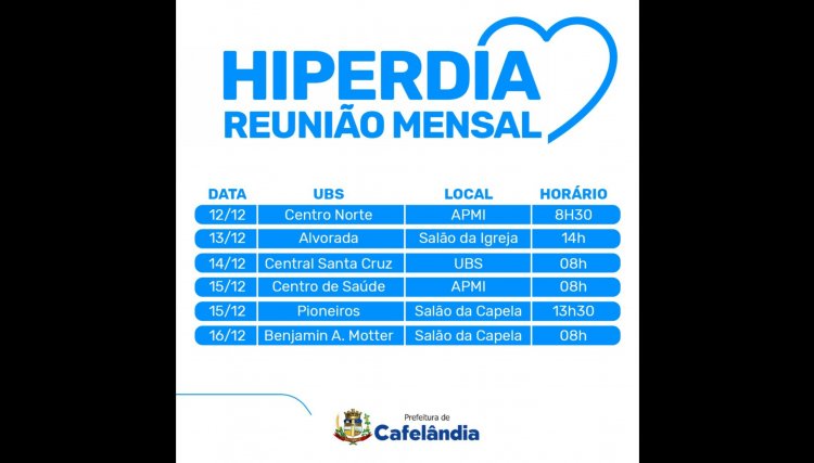 Cafelândia divulga reuniões do Hiperdia para  dezembro