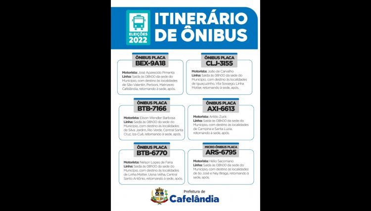 Munic&iacute;pio de Cafel&acirc;ndia divulga hor&aacute;rio das linhas de &ocirc;nibus para domingo, 02, durante as elei&ccedil;&otilde;es
